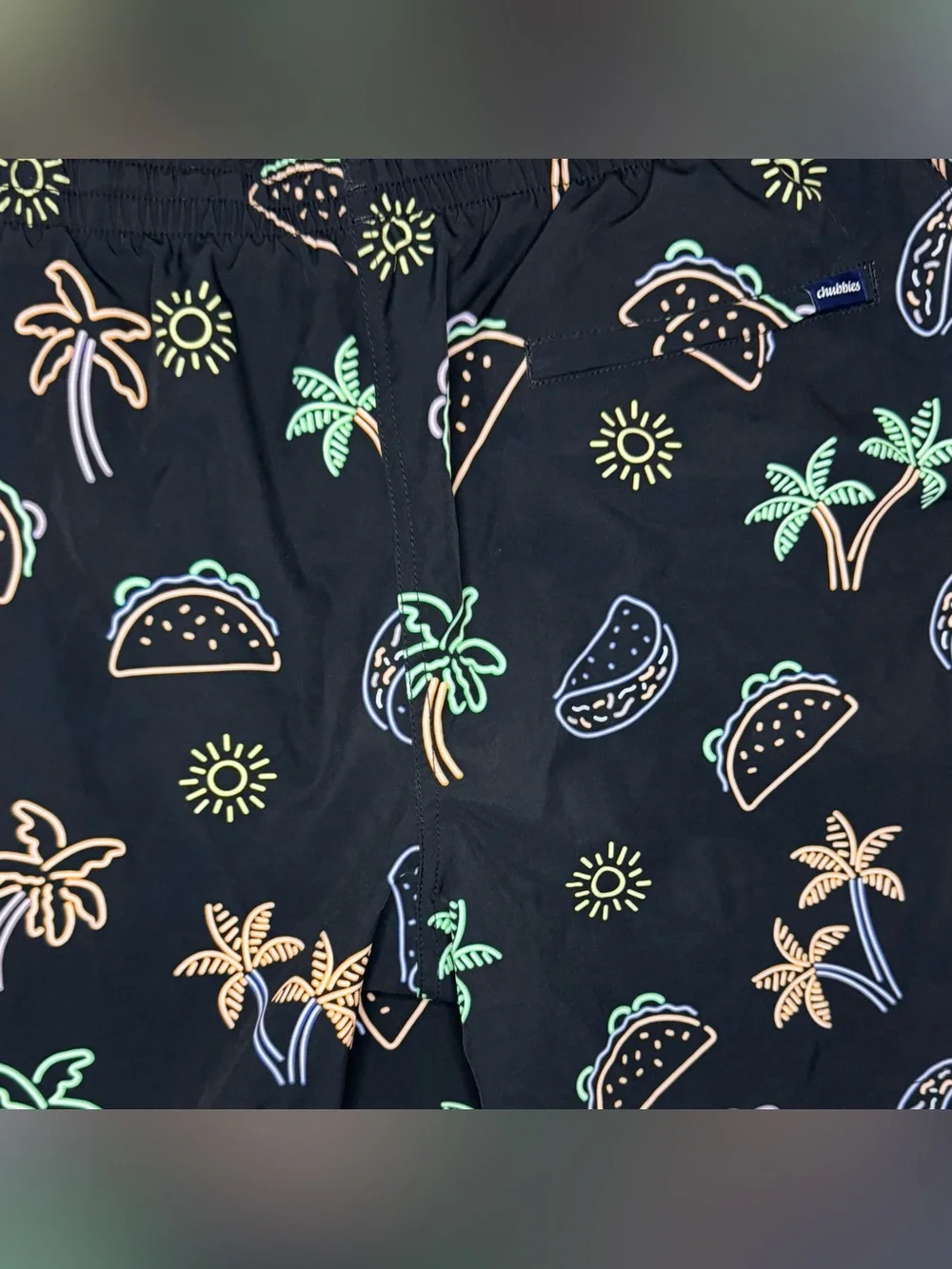 Chubbies Taco Palm Tree Swim Trunks Mens XL 7” Inseam Black Neon Beach Shorts